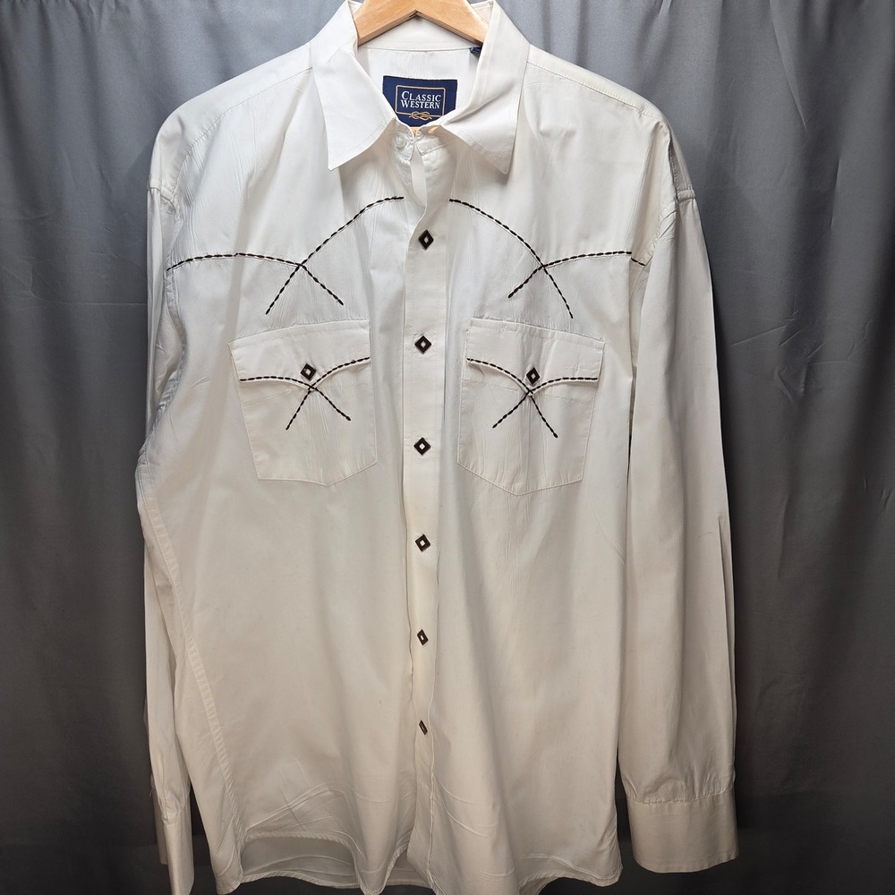 Western Style White Long Sleeve Shirt Large Snap Down Embroidered Rockabilly